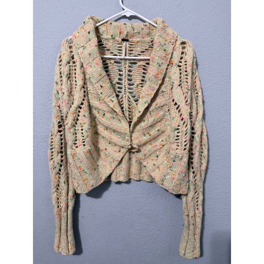 Free People Cardigan Size S Wool Blend Confetti Chunky Knit Cream Multi Cottage